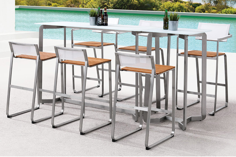 Stainless steel teak tempered glass bar table and adjustable seat outdoor furniture