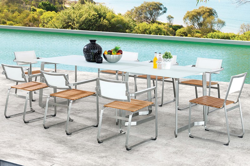 Stainless steel teak tempered glass table and adjustable seat outdoor furniture