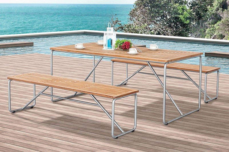 Circular tube stainless steel teak table and bench garden furniture set