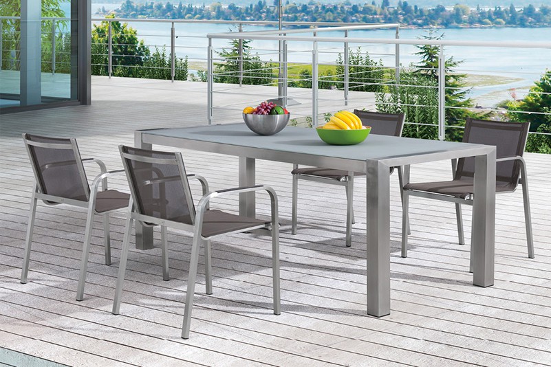 Stainless steel teak tempered glass table and textiline chair outdoor furniture