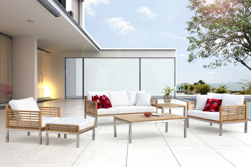 Luxury outdoor teak and stainless steel sofa set