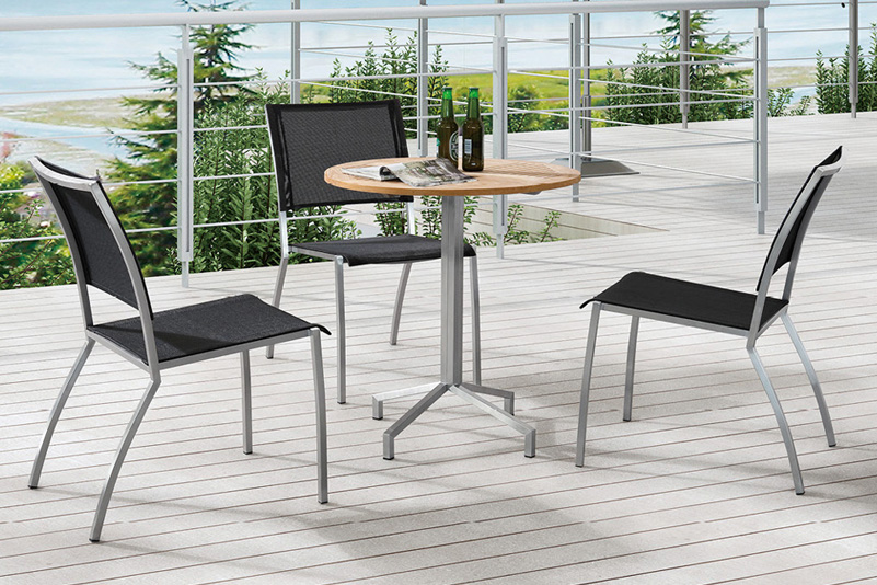 Stainless steel outdoor furniture teak wood bar table and mesh bar chairs